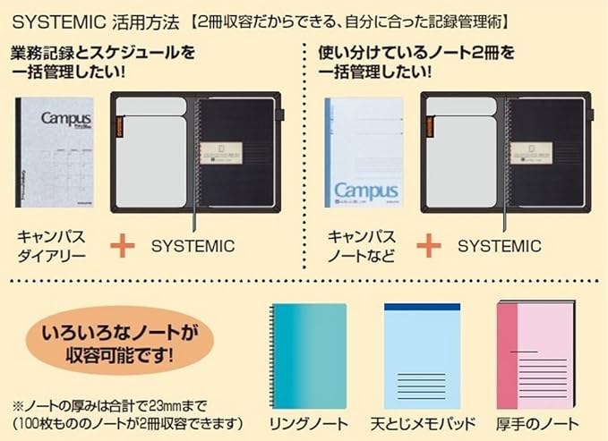 KOKUYO Systemic Cover Notebook, with One Semi-B5, B 6mm Ruled, 35 Lines, 40 Sheets, Twin Ring Edge Title Notebook, Black, Japan Import (NO-683B-D)