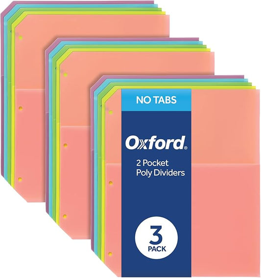Oxford Poly Binder Dividers, Double Pocket, 3 Hole Punch Organizers, Pastel Colors, 5 Untabbed Non-Stick Organizers, Pack of 3 Index Dividers (59801)