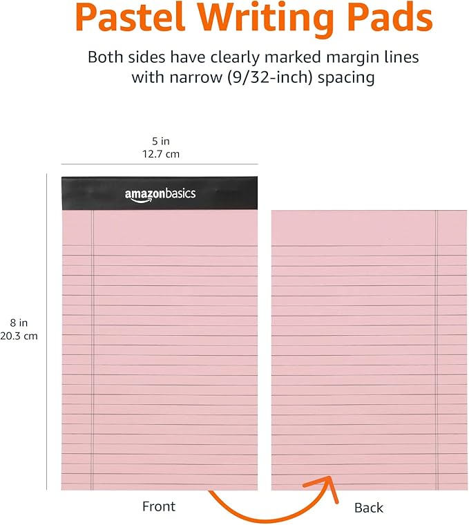 Amazon Basics Narrow Ruled 5-Inch by 8-Inch Lined Writing Note Pads,(50 Sheet Pads),Multicolor,6 Count (Pack of 12)