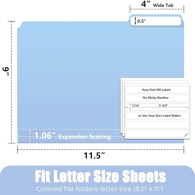 HABGP 100 Pcs Manilla Folders 8.5 x 11 Inch, 1/3-Cut Tab Colored File Folders Letter Size, Plastic Folders Aesthetic, School Business Office Manila Folders for Documents Paper