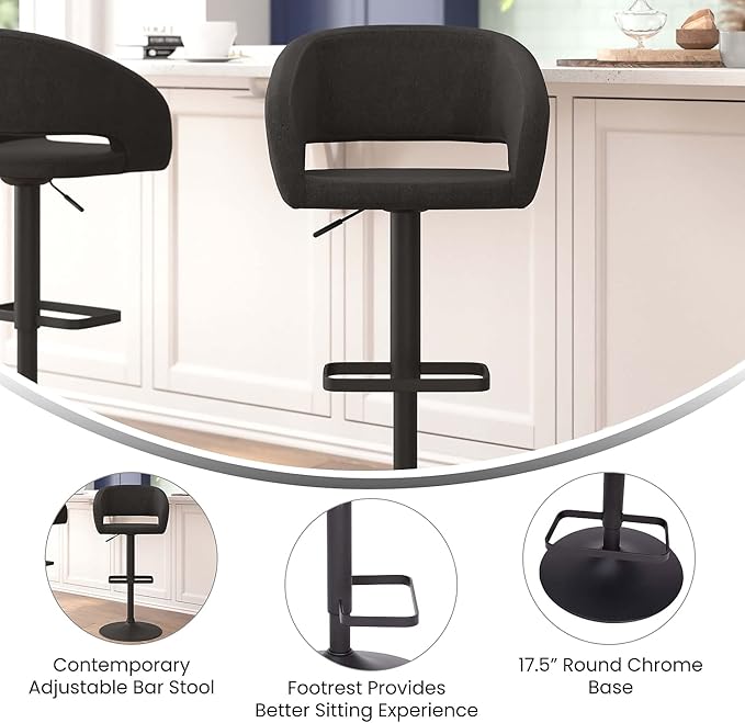 Flash Furniture Erik Comfortable & Stylish Contemporary Barstool with Rounded Mid-Back and Foot Rest, Adjustable Height - Charcoal Fabric with Black Base