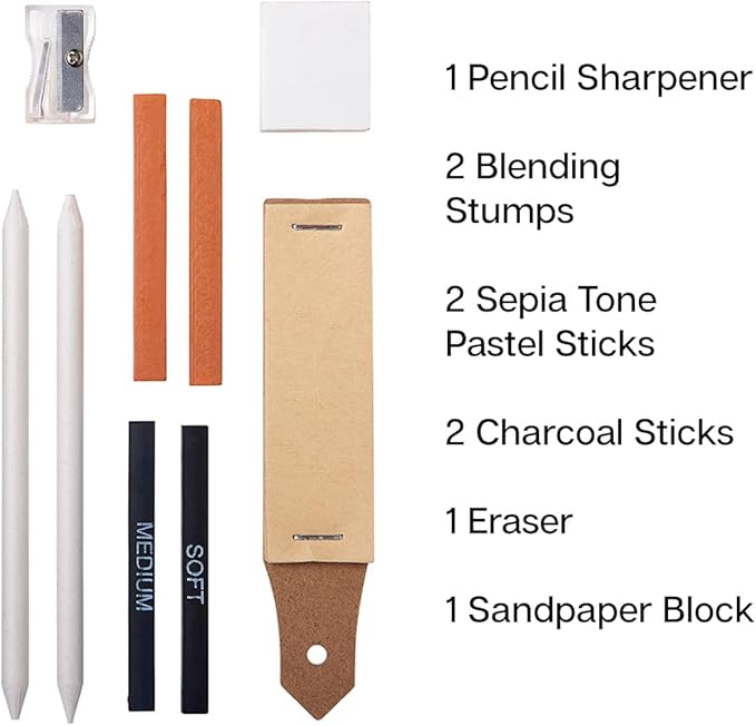 KINGART 13-Piece Sketching & Drawing Set – Complete Artist Kit with Graphite, Charcoal & Pastel Pencils, Blending Tools & Eraser in Portable Case – Art Supplies for Beginners & Professional Artists