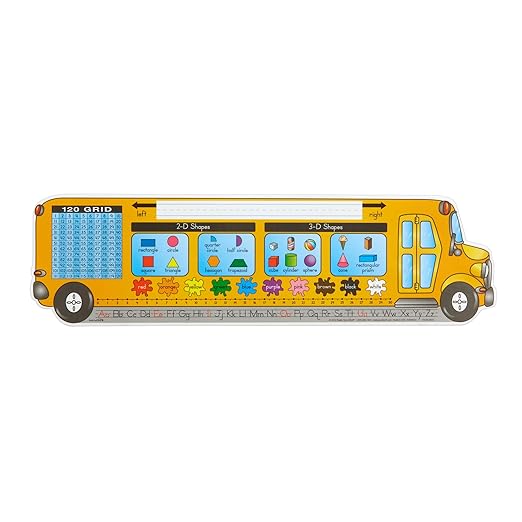 Really Good Stuff 24PK Zaner-Bloser Bus Shaped Self-Adhesive Vinyl Desktop Reference Nameplate with Alphabet, Numbers, 2-D 3-D Shapes, Colors, Left Right Directions, Number Line, 120-Grid