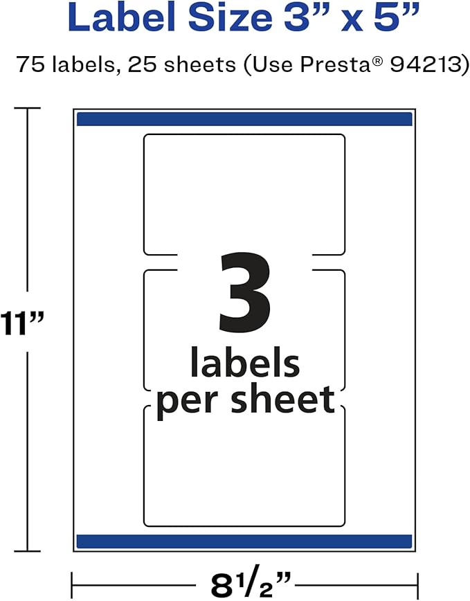 Avery Glossy White Rectangle Labels, Sure Feed Technology, 3" x 5", 75 Glossy White Labels, Print-to-The-Edge, Permanent Adhesive, Laser/Inkjet Printable