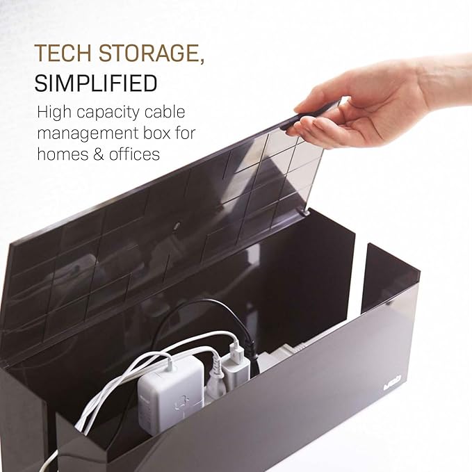 YAMAZAKI Home Cable Management Box – Cord Organizer Box with Lid, Minimalist Cable Storage for Office, Abs Plastic - Abs Plastic