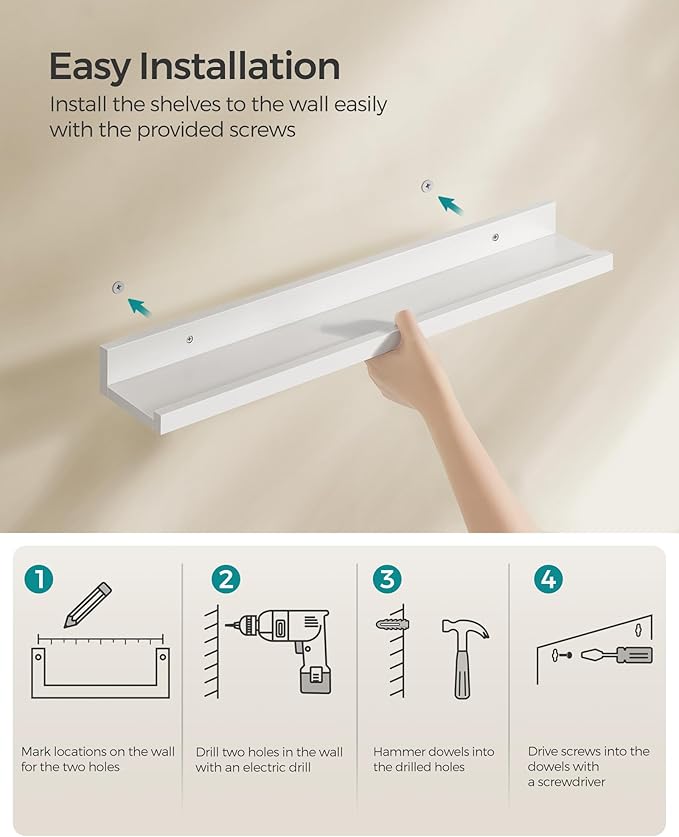 SONGMICS Floating Shelves, Set of 3 Wall Shelves, 15-Inch Wide, for Photo Frames and Trinkets, for Living Room, Home Office, Kitchen, Bathroom, White ULWS38WT