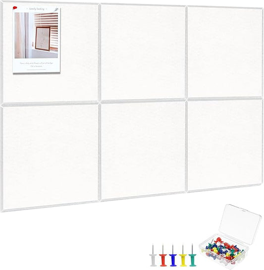 Large Cork Board 36" x 24", 6 Pack Felt Bulletin Board with 30 Pushpins, Cork Boards Alternative with Self-Adhesive Strips, Felt Wall Tiles Pin Board for Wall Office Home School Decor-White