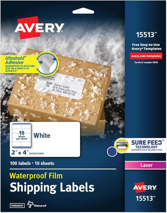 Avery Waterproof Printable Shipping Labels with Sure Feed, 2" x 4", White, 100 Blank Mailing Labels (15513)