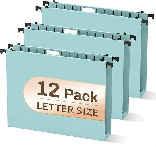 12 Pack Blue Hanging File Folders, Letter Size Hanging Folder - Waterproof, Tear-Resistant, Blue Hanging Folders with Expandable Bottom & 1/5-Cut Tabs for Filing Cabinets & Office & Home & School