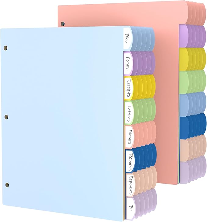 HABGP 96Pcs/12 Set 3 Ring Binder Dividers with Tabs, 8 Color Tab Divders for 3 Ring Binder, Plastic Pastel Page Folder Dividers Sheet Protectors, Three Ring Binder Index Dividers for Notebook