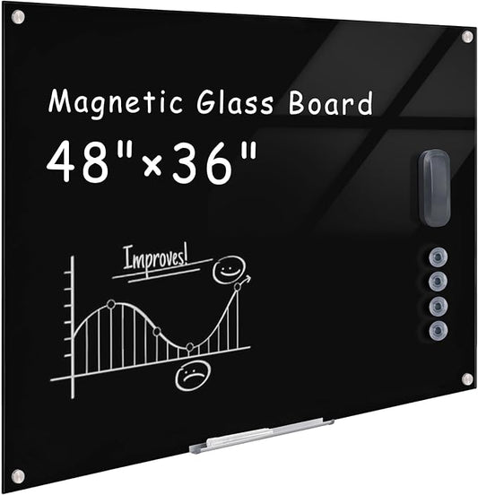 Mifuro Magnetic Glass Whiteboard，48"x36" Wall Mounted Frameless Dry Erase Board for Office, Home & School Black