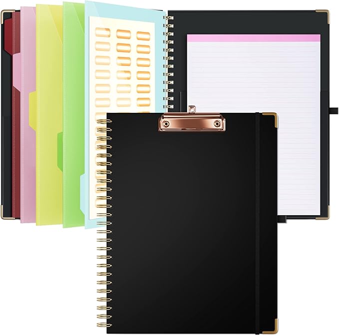Ospelelf Clipboard with Storage 8.5 X 11，Padfolio Organizer, Spiral Portfolio Letter Size with Notepad, Pen Holder, 5 Extra Folder Divider Pages, Elastic Closure Nurse Office Essentials (Black)