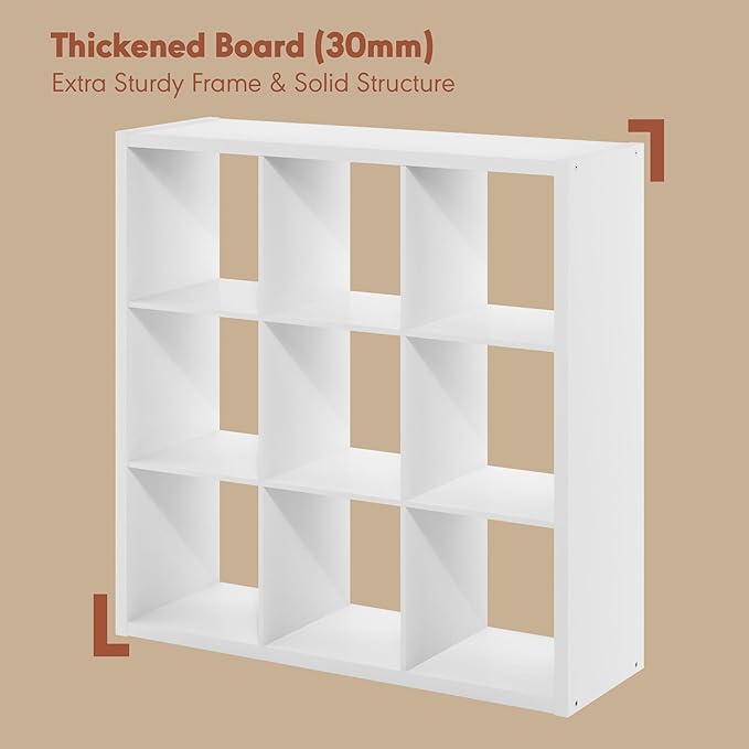 Furinno Cubicle Record Player Stand with Vinyl Storage, 9-Cube 1.2 Extra Thick Vinyl Record Storage, Open Back Media Shelf for CD DVD Blueray Game Disc, for Living Room, Home Office, White