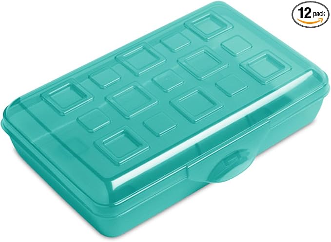 Sterilite Small Translucent Plastic Pencil Box Case with Lid for Office Supplies Pen Holders, Molokai Blue Tint (12 Pack)