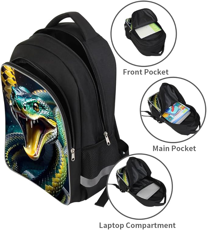 Kids Backpack Lightweight Durable Medium Teens Kids Backpack for School Boys and Girls Bookbag with Adjustable Shoulder Straps & Padded Back 17 Inch School bags with 3D Snake Reflective Cartoon