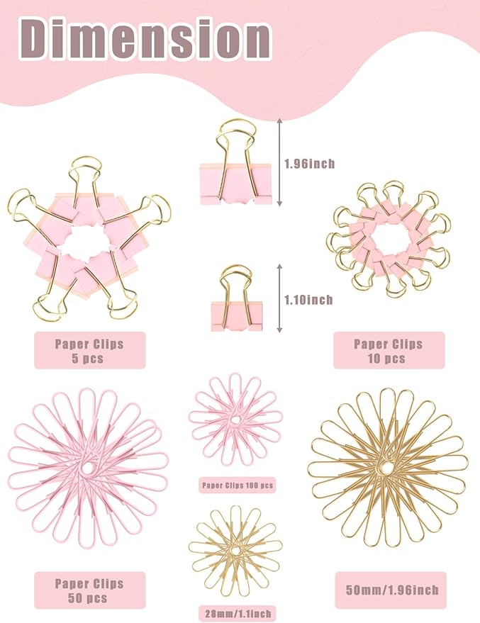 LIONSOUL Paper Clips Binder Clips Assorted Size, 165 Pcs, Cute Paperclips for Document Organizing, Colored Binder Clips Paper Clips Set for Office, School, Home Supplies (Pink)