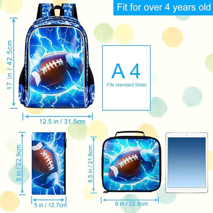 KLFVB 3PCS Kids Bookbag, 17" Boys Backpack and Lunch Box, Water Resistant Teenagers School Bag for Middle Elementary - Lightning Rugby