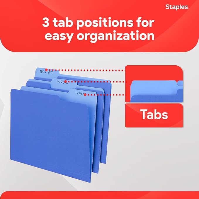 Staples File Folders, Letter Size, 1/3‑Cut Top Tabs, Blue, Durable 10.5‑Point Paper Stock, 100/Pack