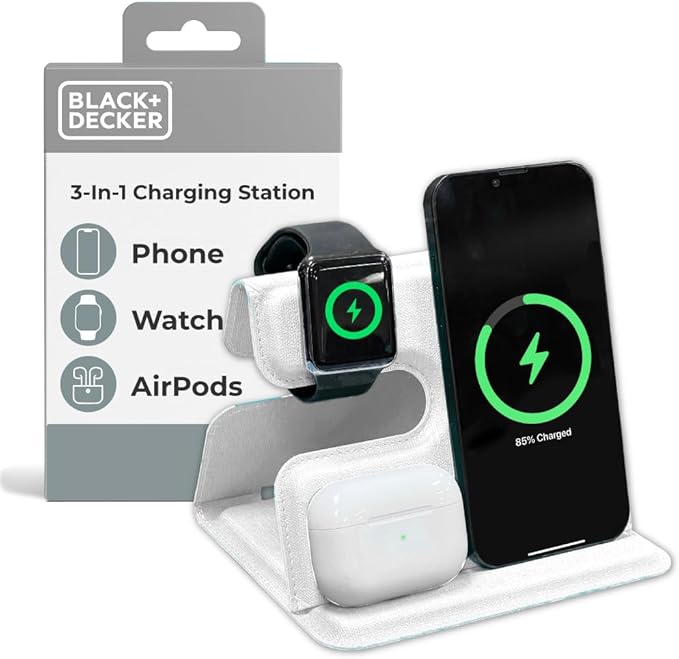 BLACK+DECKER 3 in 1 Charging Station for Apple Multiple Devices, Wireless Foldable Travel Charger for Multiple Devices iPhone 17 16 15 14 13 Pro Max Plus Apple Watch Series/AirPods