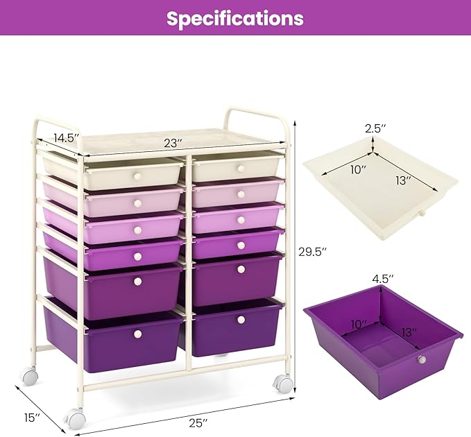COSTWAY 12-Drawer Rolling Storage Cart, Moveable Art Craft Organizer W/Lockable Wheels, Metal Shelf, Files Arrangement Tools Makeup Storage Cart for Office, Home, School, Purple Gradient