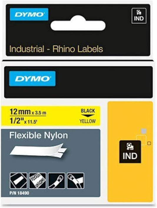 Rhino Flexible Nylon Industrial Label Tape, 1/2" x 11 1/2 ft, Yellow/Black Print