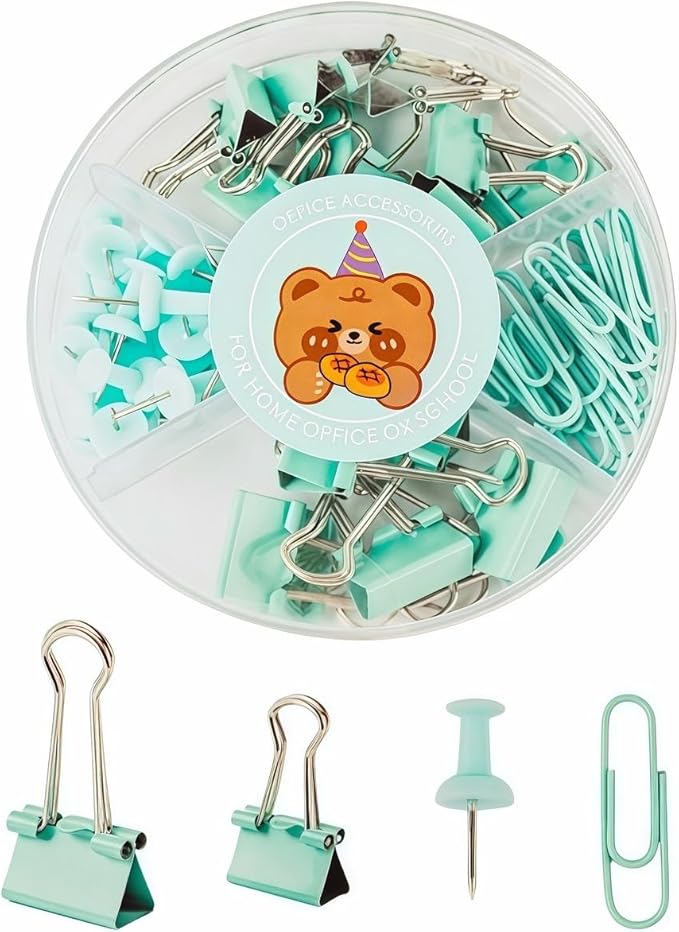 45 Pcs Metal Binder Clips Set with Pushpins,Cute Green Desk Supplies Multi-Size Binder Clips,Glossy Tacks, and Reusable Paper Clips.Portable case for School/Office.Perfect Green Desk Accessory Gift
