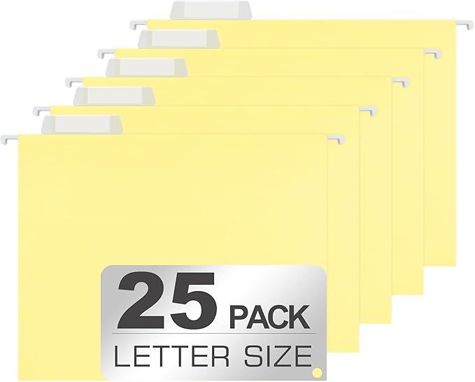 25 Packs Hanging File Folders,Lemon Yellow Hanging File Folders Letter Size,Hanging Folders with 1/5-cut Tabs,Hanging Folders for Filing Cabinets, File Organizer Folder for Office,School,Home