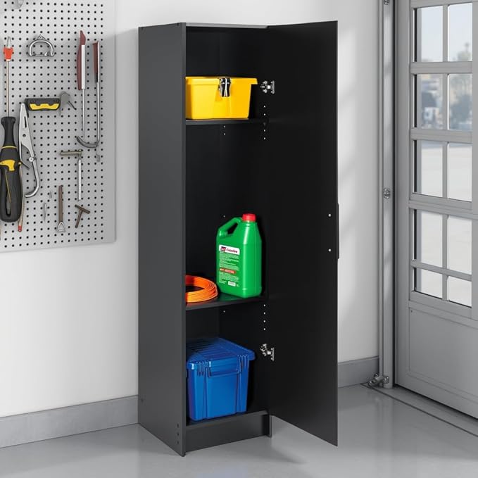 Prepac Elite 16” Wide Black Storage Cabinet with 2 Adjustable Shelves, Ideal for Bathroom, Pantry, Kitchen, Home Office, Laundry Organization, Good for Narrow Spaces 16”W x 65”H x 16”D, Black