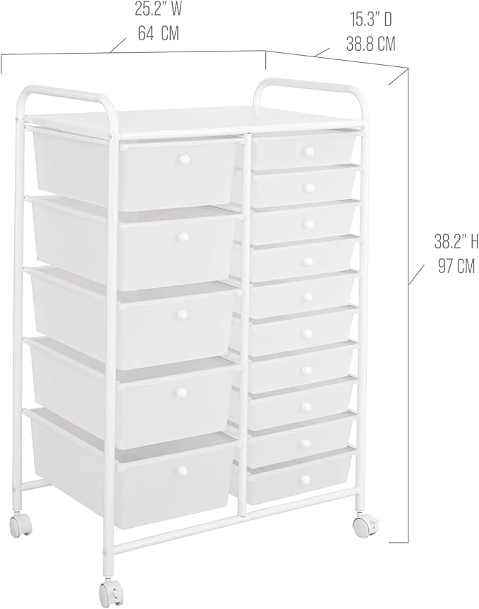 Seville Classics Rolling Utility Organizer Storage Cart, for Home Office, School, Classroom, Scrapbook, Hobby, Craft, 15 Drawer, White