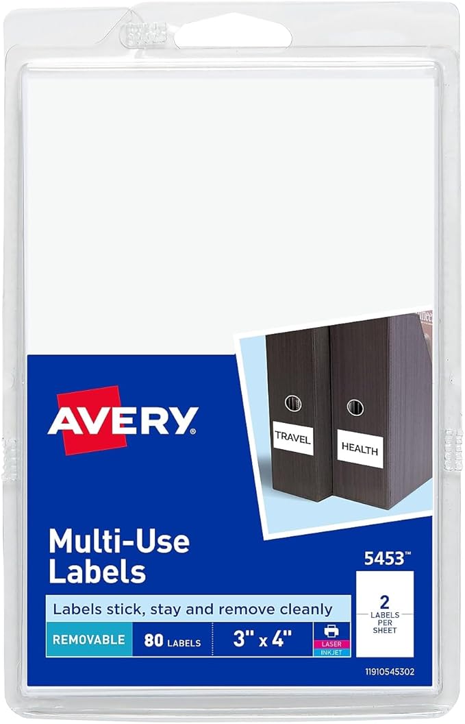 Avery 05453 Removable Multi-Use Labels, 3 x 4, White, 80/Pack