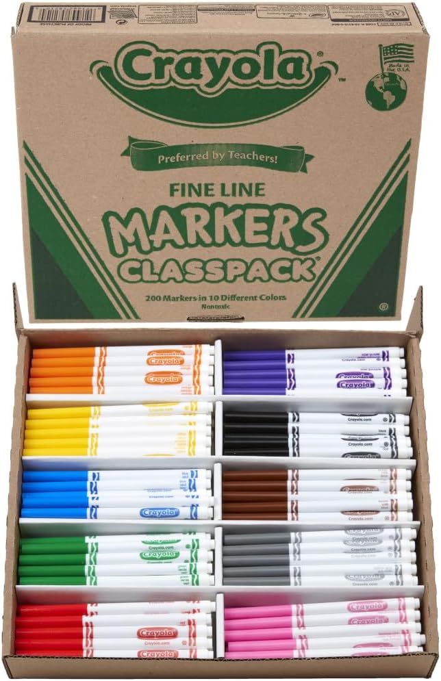 Crayola Fine Line Markers Classpack (200ct), Bulk Kids' Markers For Preschool, Kindergarten, Elementary School Classrooms, Teacher Classroom Must Haves (Pack of 2)