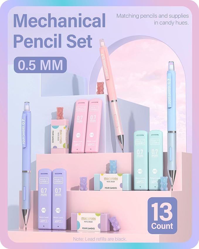 Four Candies Cute Mechanical Pencils 0.5 mm, Pencil Set with 360PCS Lead Refills & Pastel Erasers, School Supplies with Case