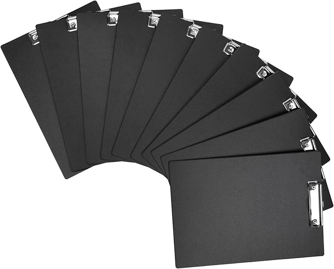 BOMKEE Black Clipboard, 10 Pack A4 Letter Size Clipboard Plastic Clipboards with Low Profile Metal Clip and Hanging Hole for Office and Home