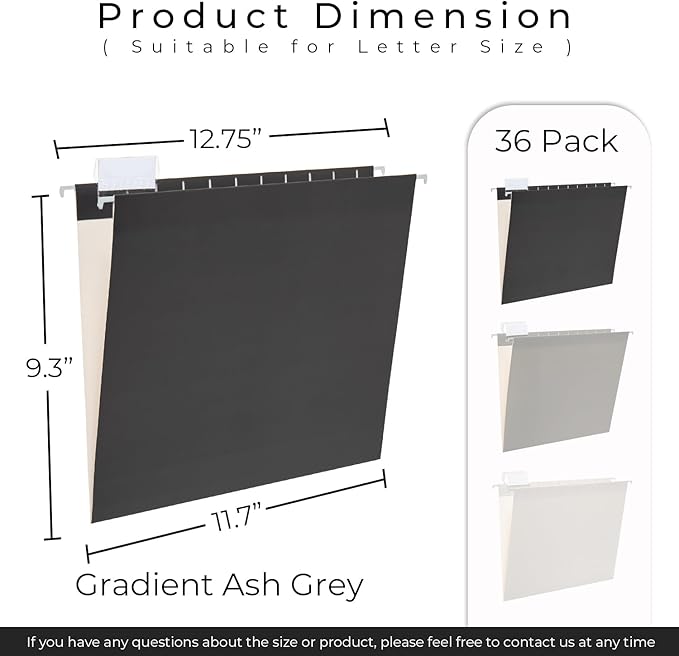Y YOMA 36 Pack Gradient Hanging File Folders Letter Size Decorative Hanging Folder Pretty File Folder Organizer for Filing Cabinet Office Home with 1/5-Cut Adjustable Tabs, Ash Grey