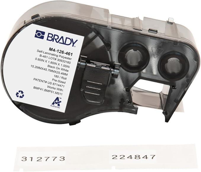 Brady Authentic (M4-126-461) Self-Laminating Cryogenic Polyester Labels 0.6" H x 1.8" W Black on White, Clear, 180 Labels. for use with The BMP41, BMP51, and M511 Label Printers
