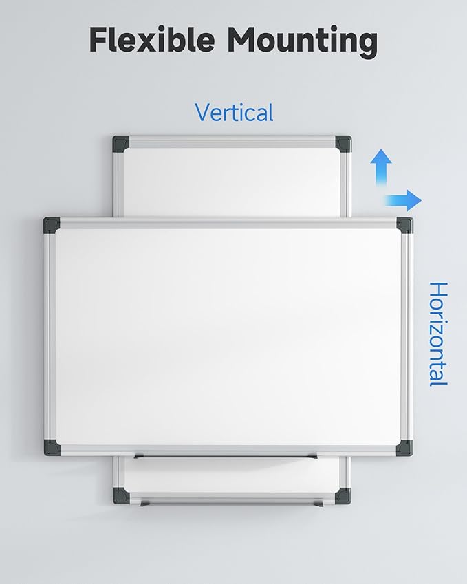 Magnetic White Board Hanging 18" x 12" for Wall, Small Dry Erase Board for Kids, Kitchen, Office, Includes 1 Eraser, 2 Markers, 4 Magnets, Pen Tray, Silver Aluminum Frame