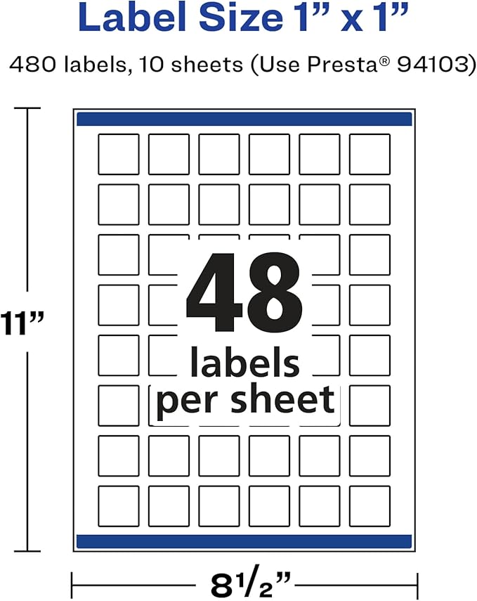 Avery Glossy White Square Labels, Sure Feed Technology, 1" x 1", 480 Glossy White Labels, Print-to-The-Edge, Permanent Adhesive, Laser/Inkjet Printable