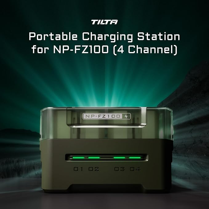Tilta NP-FZ100 4-Slot Charging Station Compatible with Sony NP-FZ100 | 4-Slot Fast USB-C Charger | Status Indicators | Portable EDC Battery Kit | 2 Batteries | Green