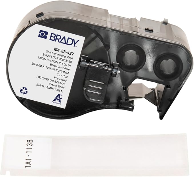 Brady Authentic (M4-53-427) Self-Laminating Vinyl Wrap Around Labels 4" H x 1" W Black on White, Clear, 70 Labels. for use with The BMP41, BMP51, and M511 Label Printers