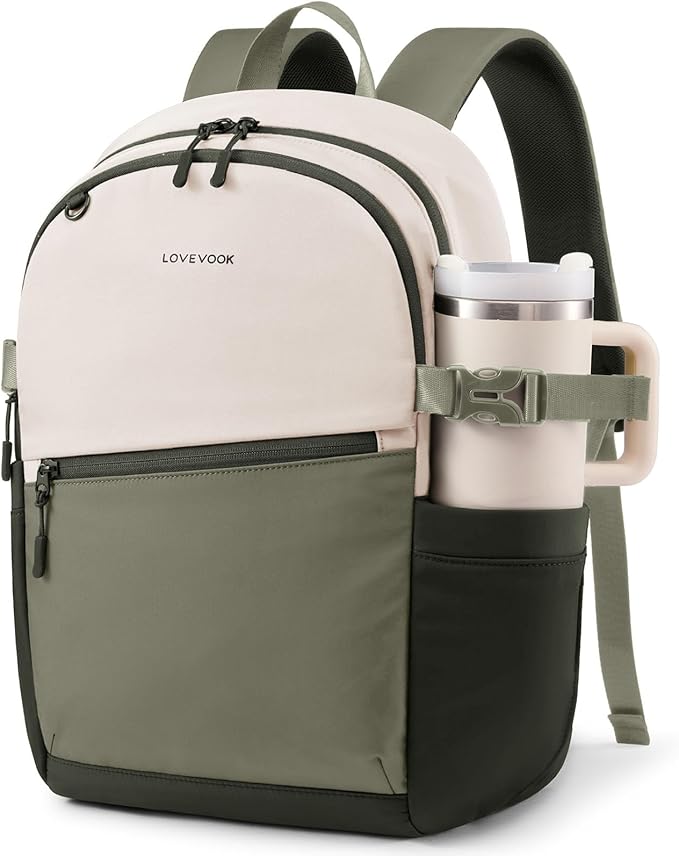 LOVEVOOK Everyday Backpack for Women, Chic Versatile Backpack with Water Bottle Pocket, Lightweight Waterproof Casual Daypack for City Work Commute, College, Travel & Gifts, Beige-Olive Green