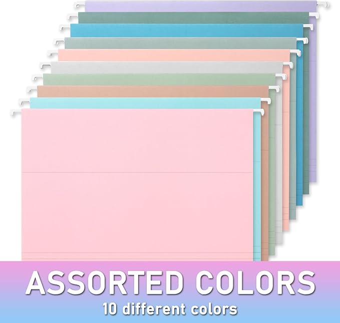 50pcs Hanging File Folders,Decorative Hanging Folder,Letter Size with 1/5-Cut Adjustable Tab Durable 10 Color Assorted for Filing Cabinet Drawer Desk Office Home