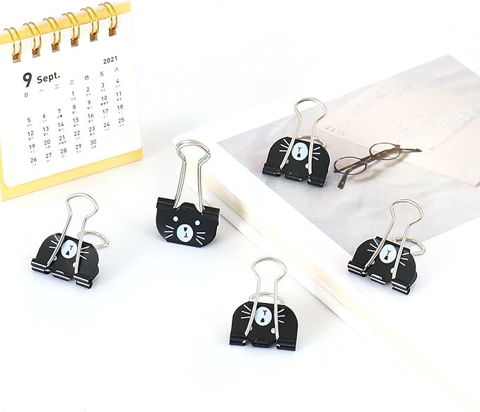 Cute Cat Metal Binder Clips 20Pcs Black Medium Paper Clamps for School Home Desk Organizers Office Supplies