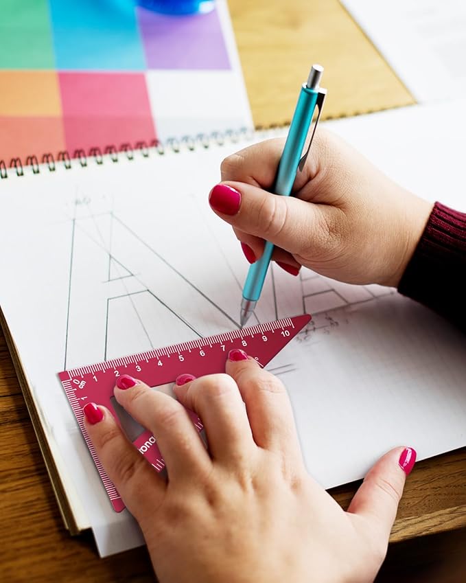 Honagu Triangular Ruler Set, 4 Pieces Aluminum Alloy Ruler, Metal Drafting Ruler, Geometric Protractor for Students,Teacher, Draftsmen, Engineers,Gift Stocking Stuffers for Kids (20cm/7.87inches, Red)