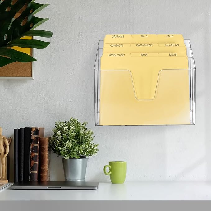 Acrimet Horizontal Triple File Folder Holder Organizer, Open-Top Desktop Document Sorter for Letter Size Papers & Folders, Includes 9 Manila Folders, Plastic Clear Crystal