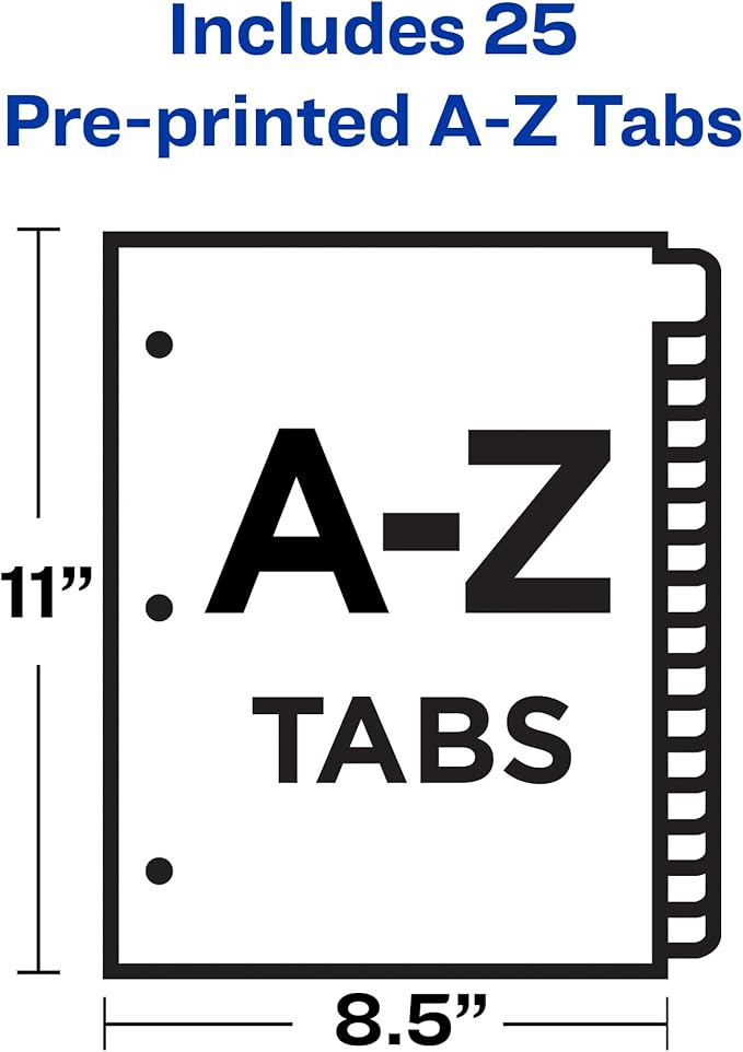 Avery A-Z Dividers for 3 Ring Binders, 25-Tab Set, Pre-Printed Black Leather Tabs, 1 Binder Divider Set (11350)