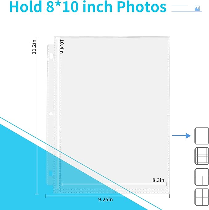 30 Pack Photo Sleeves for 3 Ring Binder - (8x10, for 60 Photos), Archival Page Protectors, Clear Plastic Album Refill Pages, Postcard Sleeves, Acid-Free