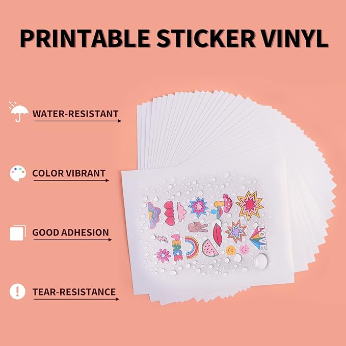 HTVRONT Printable Vinyl Sticker Paper - 30 Sheets Glossy Waterproof Sticker Paper for Inkjet Printer & Laser Printer, Dries Quickly & Tear Resistant 8.5"x11"