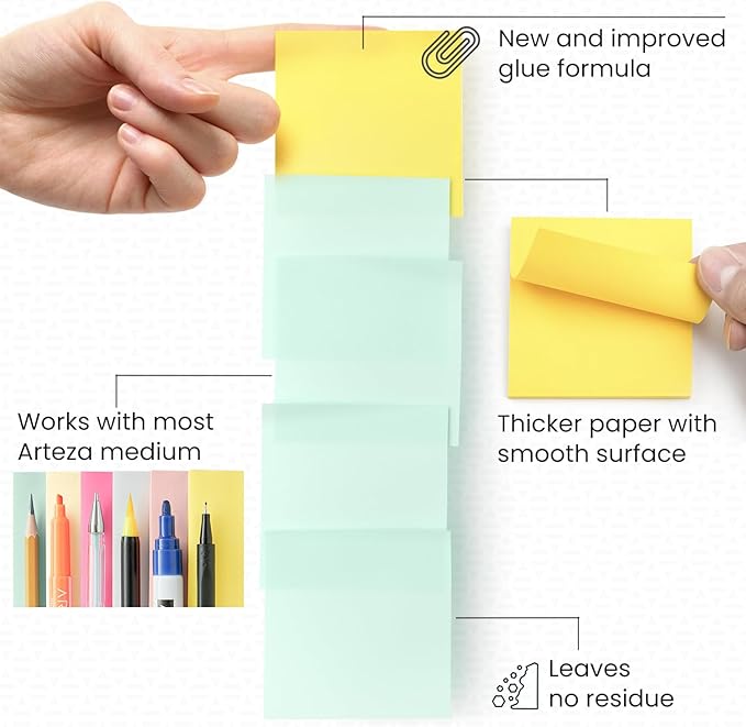ARTEZA Sticky Notes, 3x3 Inches, 12 Pads, Bulk Pack of Assorted Multicolor Self-Adhesive Notes for Office, School & Home