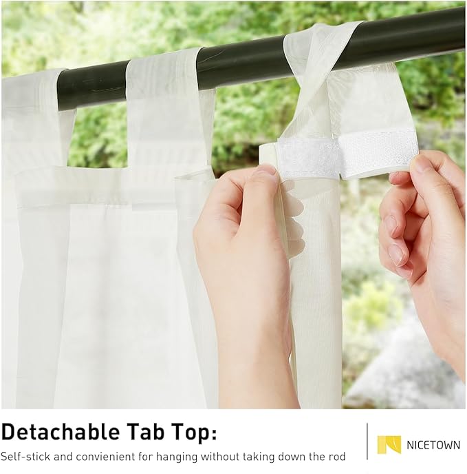 NICETOWN 2 Panels Outdoor Sheer Curtains for Patio Waterproof, Detachable Sticky Tab Top Elegant & Airy Sheer Panels Lightweight Drapes for Pergola/Porch, W54 x L84, Beige