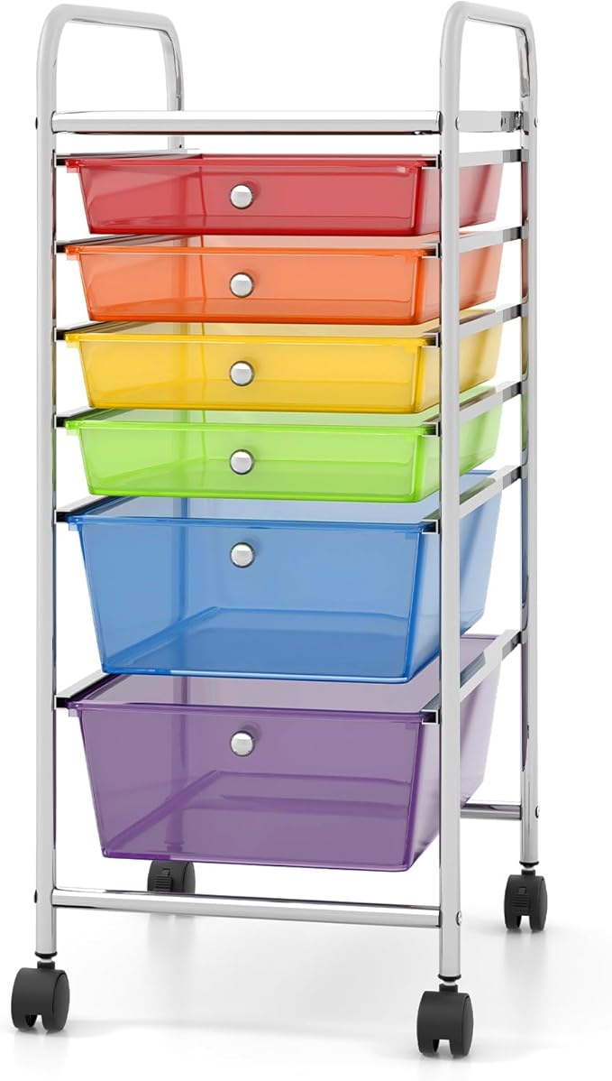 COSTWAY 6-Drawer Rolling Storage Cart, Multifunctional Art Craft Tools Organizer on Wheels, Heavy Duty Utility Mobile Storage Trolley w/ 2 Lockable Wheels for Home Office School (Rainbow)